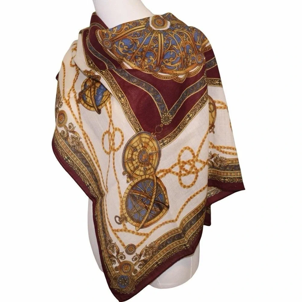 Vintage Italian Compass & Globe Square Scarf. Silk &‎ Wool 33.5